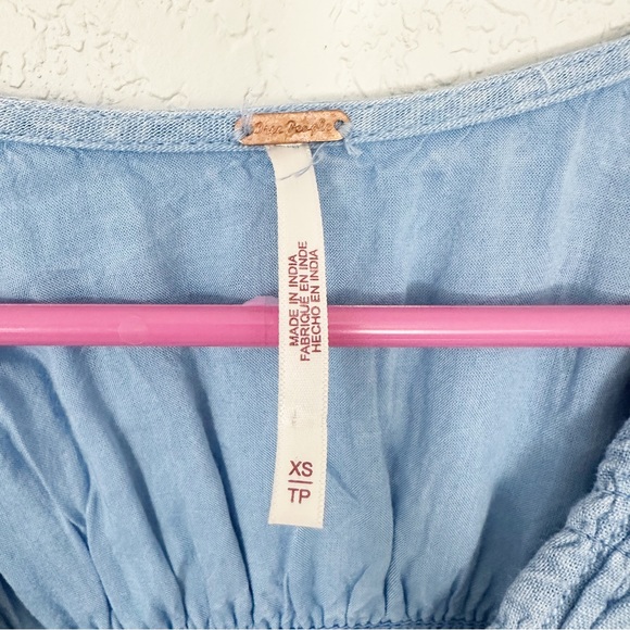 Free People Chambray Linen Maxi Dress Button Down Smocked Blue Sz XS - Picture 7 of 8